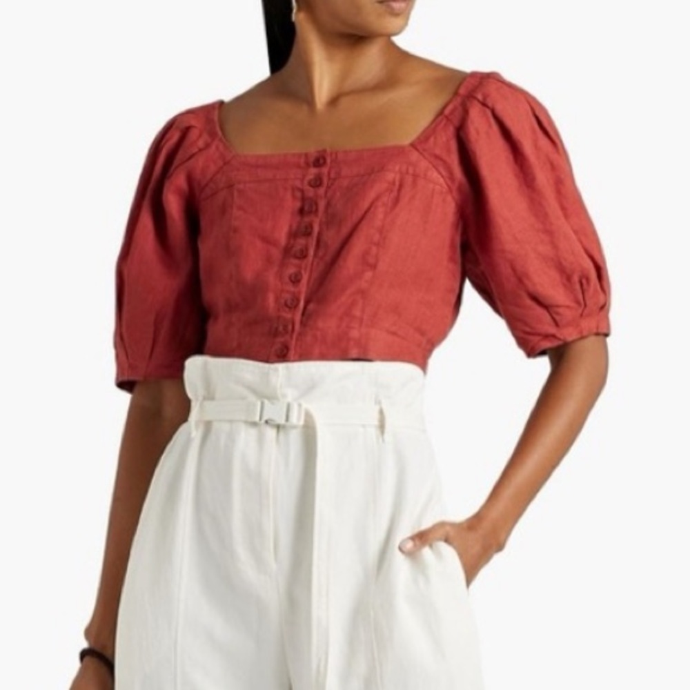 Joie Button Down Crop Top Shirt Casual Blouse Puff Sleeves New Size Large